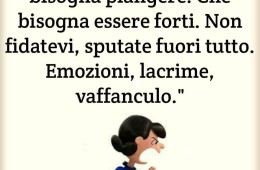 Vi insegneranno che non bisogna piangere. Che bisogna essere forti. Non fidatevi, sputate fuori tutto. Emozioni, lacrime, vaffanculo.