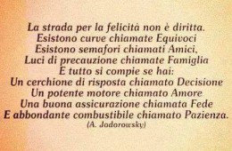 “La strada per la felicità non è diritta. Esistono curve chiamate Equivoci. Esistono semafori chiamati Amici, Luci di precauzione chiamate Famiglia. E tutto si compie se hai: Un cerchione di risposta chiamato Decisione. Un potente motore chiamato Amore. Una buona assicurazione chiamata Fede. E abbondante combustibile chiamato Pazienza.” (Alejandro Jodorowsky)