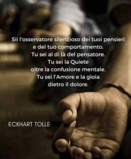 “Sii L’Osservatore dei tuoi pensieri e del tuo comportamento. Tu sei al di là del pensatore. Tu sei la quiete oltre la confusione mentale. Tu sei l’amore e la gioia dietro il dolore.” (Eckhart Tolle)