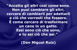“Accetta gli altri cosi come sono. Non puoi cambiare gli altri, cercare di cambiarli per adattarli a ciò che vorresti che fossero. È come cercare di trasformare un cane in un gatto. Essi sono ciò che sono, e tu sei ciò che sei.” (Don Miguel Ruiz)