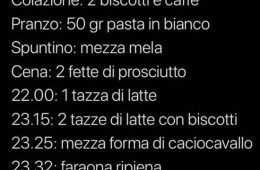 1° Giorno di dieta. Colazione: 2 biscotti e caffè Pranzo: 50 gr di pasta in bianco Spuntino: mezza mela Cena: 2 fette di prosciutto 22.00: 1 tazza di latte 23.15: 2 tazze di latte con biscotti 23.25: mezza forma di caciocavallo 23.32: faraona ripiena 23.40: Dumbo glassato