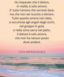 “Ho imparato che il dolore, in realtà, è solo amore. È tutto l’amore che vorresti dare, ma che non sei riuscito a donare. Tutto questo amore non dato, si accumula agli angoli degli occhi, nel groppo in gola, e nella zona sacra nel petto. Il dolore è solo amore che non ha nessun posto dove andare.” (Vita Impersonale)