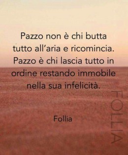 “Pazzo non è chi butta tutto all’aria e ricomincia. Pazzo è chi lascia tutto in ordine restando immobile nella sua infelicità.” (Follia)